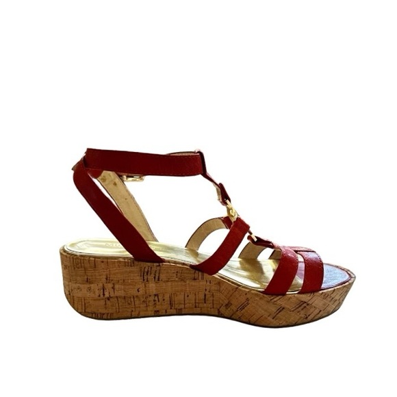 Michael Kors Burnt Orange Crinkled Patent Leather Nash Wedge Sandals Size 8 - Picture 2 of 10